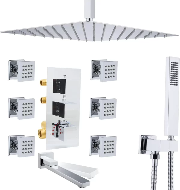 Chrome Shower System with Body Jet Ceiling Mount 16 Inch Overhead Rainfall Shower Head 4 Way Thermostatic Shower Faucet