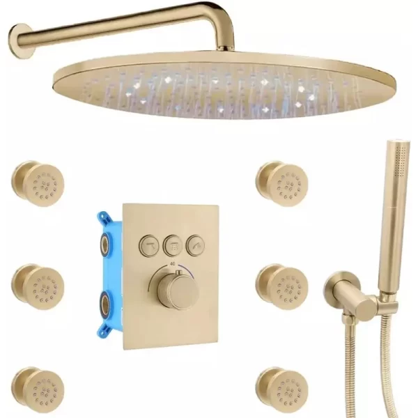 Brushed Gold thermostatic Wall Mount bathroom Rain LED shower System Faucets Combo sets with Button Valve