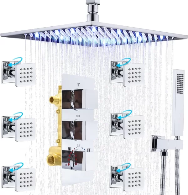 Ceiling Rain Shower System With 6pcs On/off Switch Shower Jets Spray  12 inch LED Thermostatic Full Body Shower Faucet