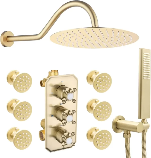 Brushed Gold 12inch Wall Mounted Round Shower Jet System High Pressure Rainfall Mixer Faucet Combo Set for Bathroom