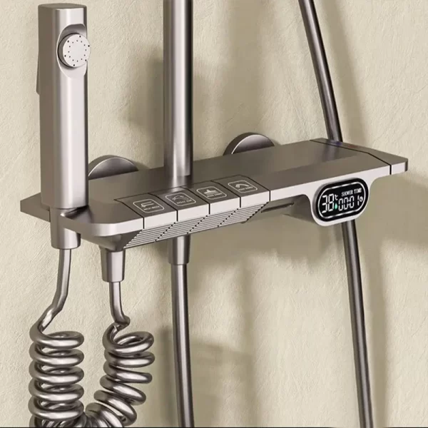 High Quality Thermostatic Digital Piano 4 Keys Button Design Brass Gun Grey Shower Faucet Set Bathroom