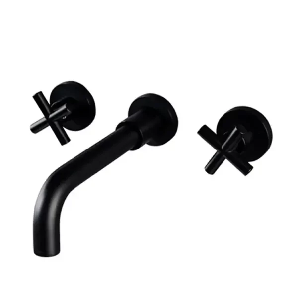 Wall Mounted Two-Handle Wall-Mount Lavatory Faucet Trim with 90-Degree Angle Spout and Cross Handles Bathroom Tap  Matte Black