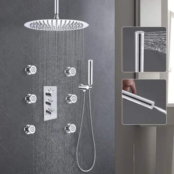 Chrome Round Shower Faucets Set 16 inch Thermostatic Rain Shower Full Body Spray System with Dual-fucntion Hand Shower