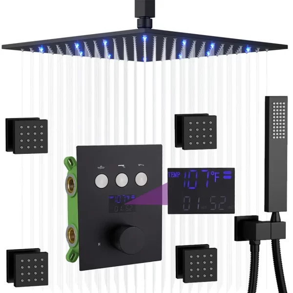 12 inch Matte Black Wall Mounted Temperature Display Shower System High Pressure Shower Faucet Set