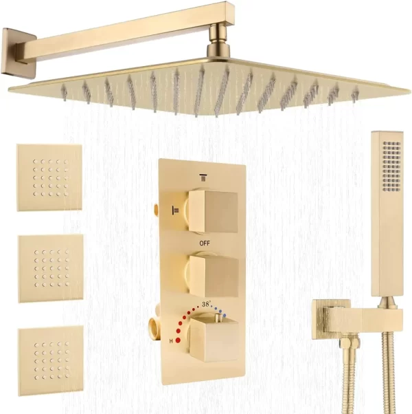 Brushed Gold Rain Shower Jets System  Wall Mount Shower Faucet Sets Complete 3 Body Sprays Shower Jets Body Sprays System