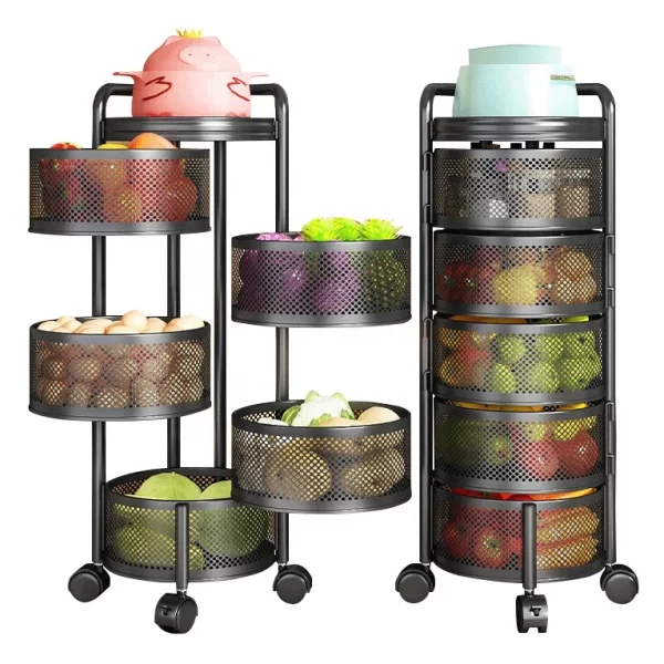 3/4/5 Tier Stackable Metal Wire Storage Organizer Fruit Vegetable Rotating Baskets with Rolling Wheels