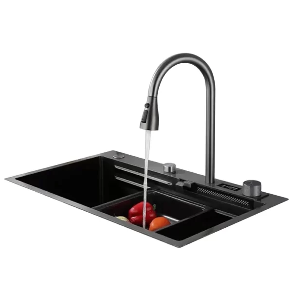 Stainless Steel Black Digital Display Faucet Multi-functional Farmhouse Kitchen Sink