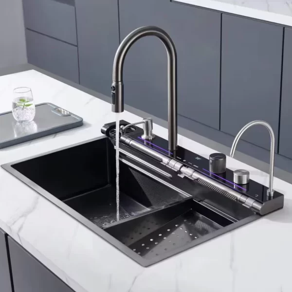 Pull-Out Faucet 304 Stainless Steel Kitchen Sink Set With Vegetable Basin