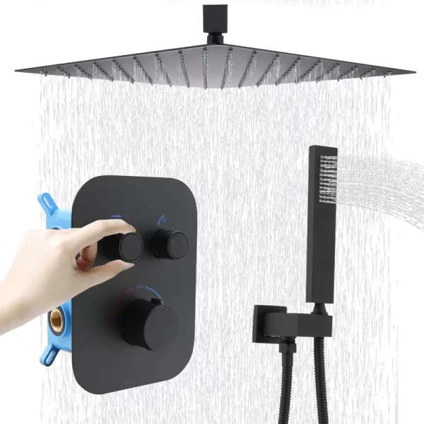 16-Inch Black Luxury Thermostatic Rainfall Shower System