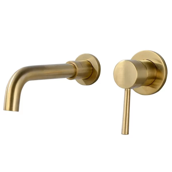 Gold Brass Brushed Wall Mounted Bathroom Basin Mixer Faucet