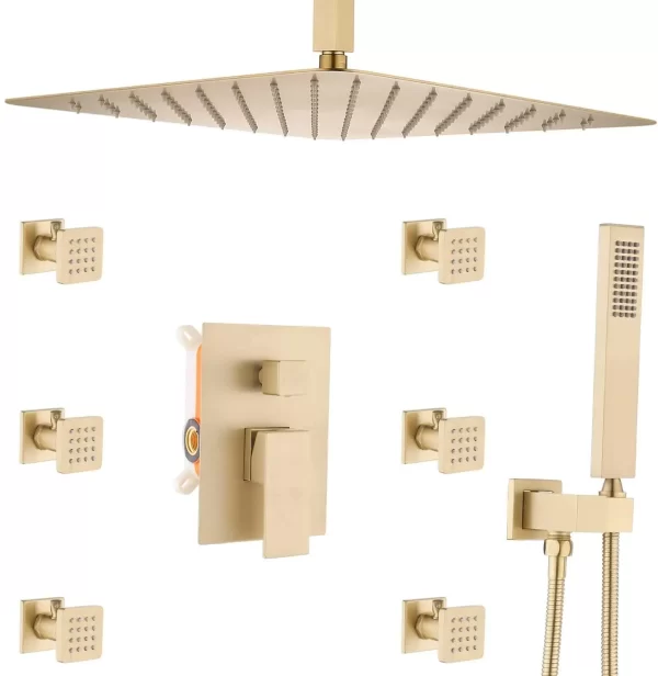 16 Inch Brushed Gold Ceiling Rain Shower Head Brass In-Wall Thermostatic Shower Faucet Set