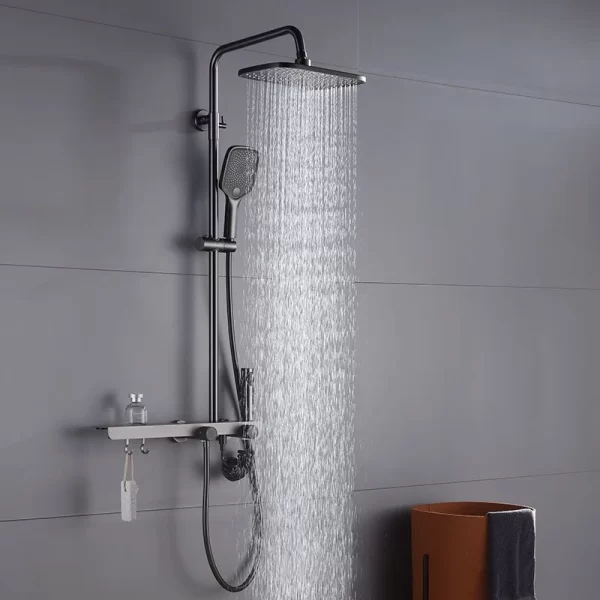 HOMEDEC Brass Hot and Cold Water Mixer Gun Grey Waterfall Shower Set with Storage Platform for Bathroom