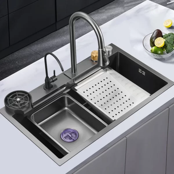 Stainless Steel Handmade Kitchen Undermount Sink With Waterfall Faucet - Hotel Villa Apartment