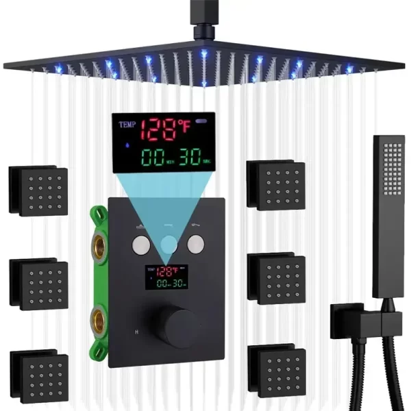 Brass Rainfall Ceiling Shower System with LED and Body Jets