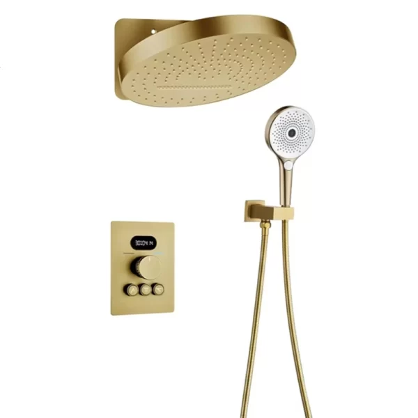 Brushed Gold Concealed Thermostatic Rain Shower System LED Digital Display Bathroom Faucet Set