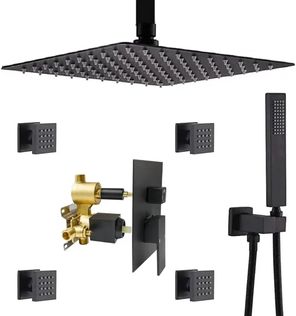 Matte Black Rain Shower Set with Body Jets - 16 inch