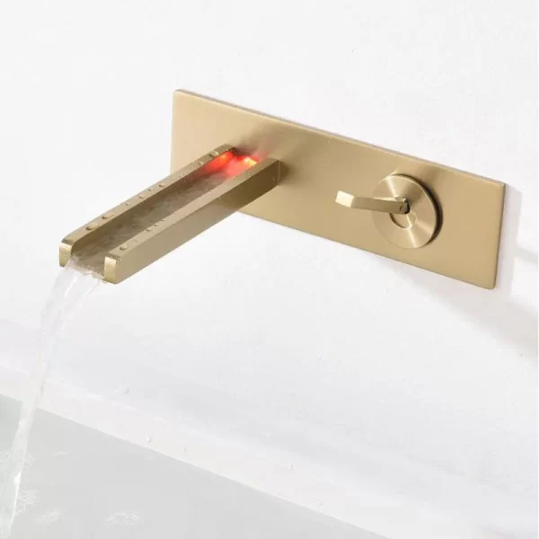 Brush Gold Brass Wall Mounted Bathroom Faucet LED Mixer for Basin Tap
