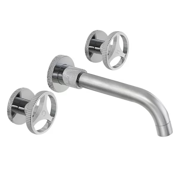 Chrome Wall Mount Basin Mixer Tap with 2 Wheel Handles