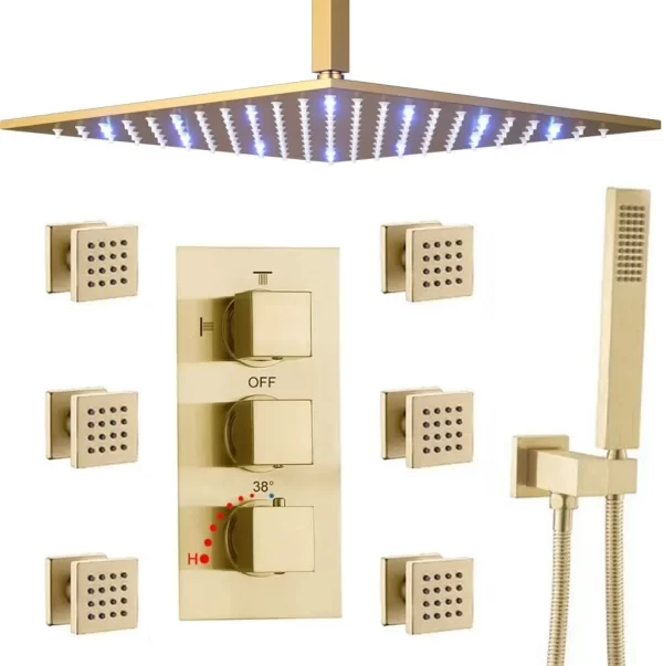 12 Inch LED Brushed Gold Rainfall Shower System with Thermostatic Faucet