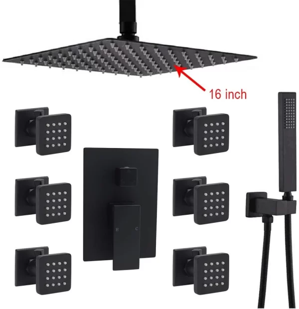 Matte Black Rainfall Shower Mixer System with Massage Body Jets