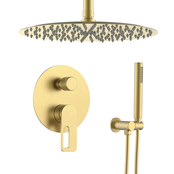 Brushed Gold Bathroom Overhead Round Shower Set with Handheld Anti-Scald Feature
