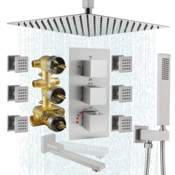 Brushed Nickel 16inch Ceiling Mount Shower Head Thermostatic Bathroom Rainfall Shower Set