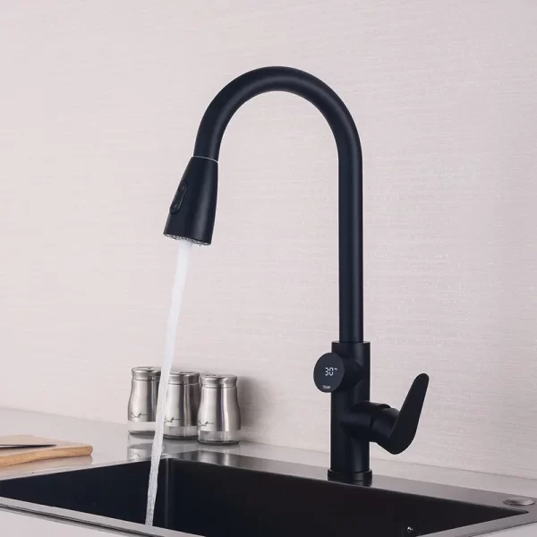 LED Digital Display Brushed Kitchen Taps Single Level Stainless Steel Faucets