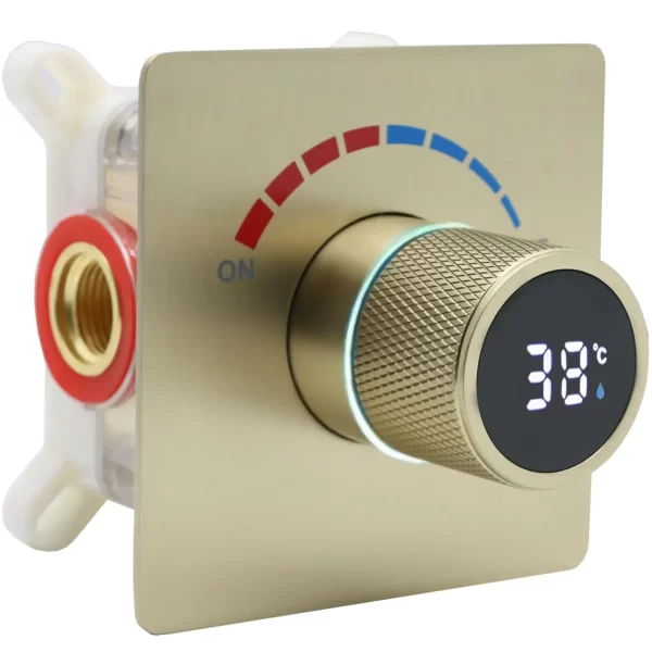 Brushed Gold Solid Brass Concealed LED Digital Display Diverter Valve Shower Mixer Valve