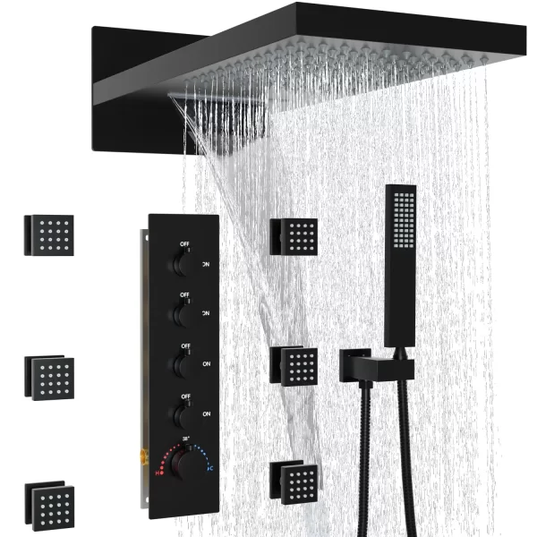New Item Luxury Rainfall Waterfall Shower System Black Rainfall  Thermostatic Shower Faucet Set for Bathroom