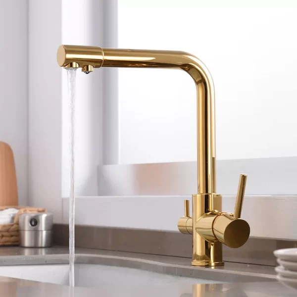 European Brass double Handle Brushed Gold 3 Way Kitchen Faucet mixer tap with drinking