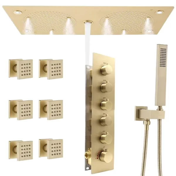 Brushed Gold Luxury Shower System 24.4x12.6 inch Ceiling LED Three Modes Shower Head with Thermostatic Mixing Valve