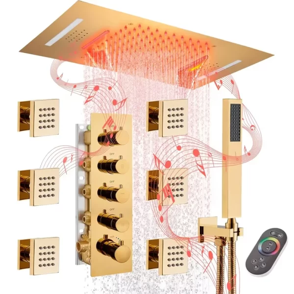 Large Size LED music Shower System Thermostatic Concealed Shower Mixer Rainfall Shower Set Brushed gold Faucet System