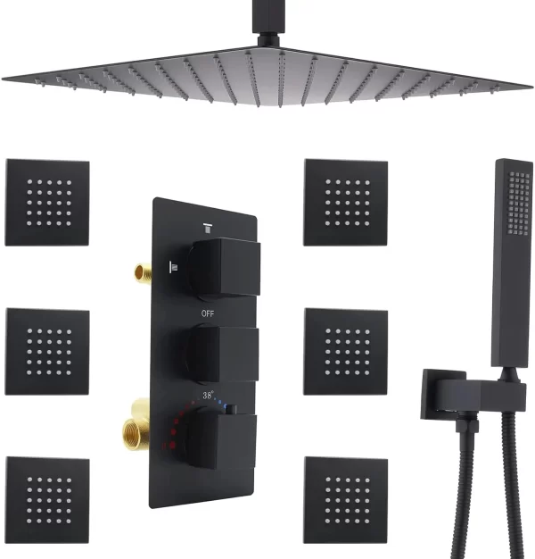 High-Pressure 16inch Black Rainfall Shower Head Set