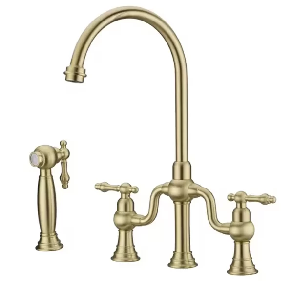 Brushed Gold Dual Handle Kitchen Faucet with Side Sprayer