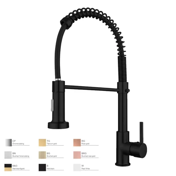 Commercial Kitchen Sink Faucet with Pull Down Sprayer - Matt Black & Brushed Brass