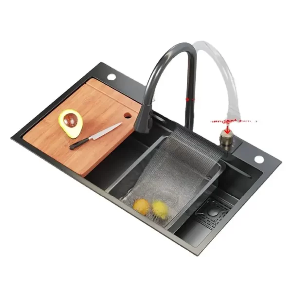 Modern Stainless Steel Waterfall Kitchen Sink with Glass Rinser