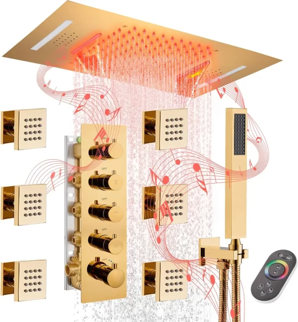 Luxury Brushed Gold Thermostatic Shower System with LED and Bluetooth