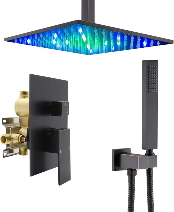 10 inch Oil-Rubbed Bronze Shower System with Multi Colored LED Rain Shower Sprayer Ceiling Full Body Shower Faucet Set Combo Kit