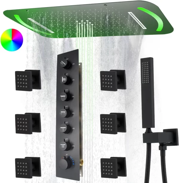 4 Function Black LED Rainfall Shower Head Set - Complete Thermostatic Faucet Kit