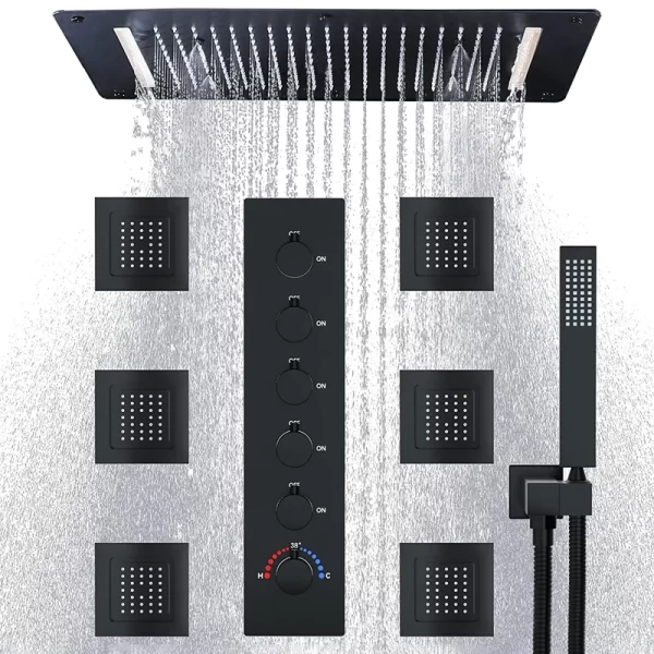 14.96 x 27.56inch Matte Black Rain Shower System with 6 Body Jets