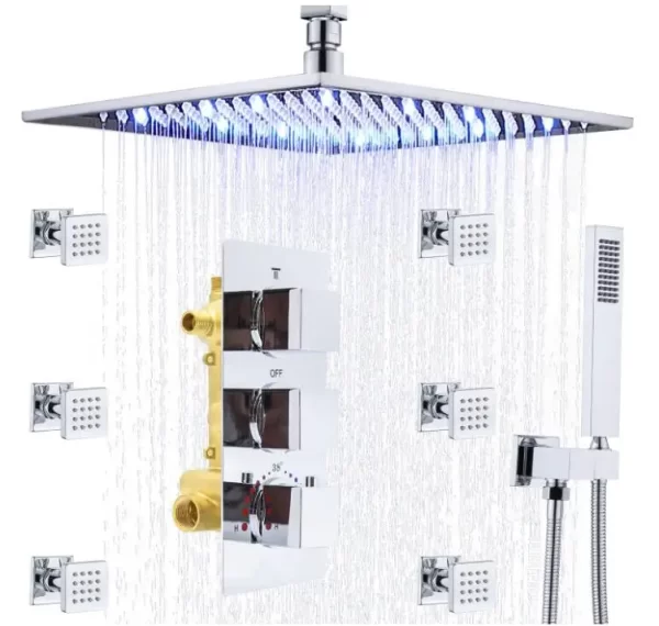 16 Inch Chrome LED Rain Shower Thermostatic Faucet