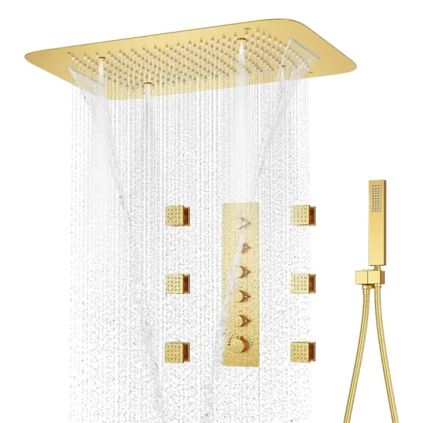 Thermostatic Concealed Brass Rainfall Shower Set - Brushed Gold