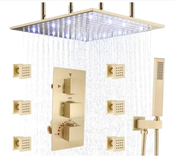 Brushed Gold 20" LED Thermostatic Shower Set with Body Spray