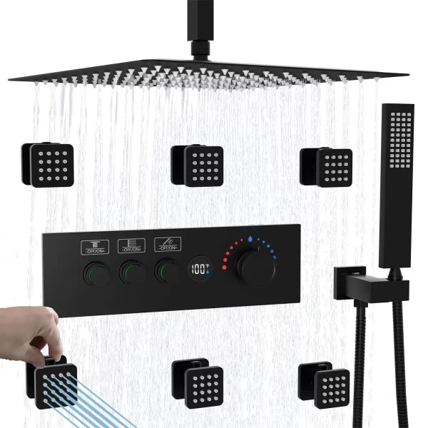 16-Inch Matte Black Ceiling Rain Shower Head & Digital Shower System