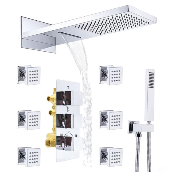 HOMEDEC Brass Thermostatic Shower System with Waterfall and Rainfall Features
