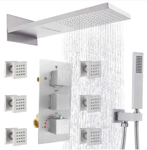 Brushed Nickel Rainfall Thermostatic Shower System with Body Jet