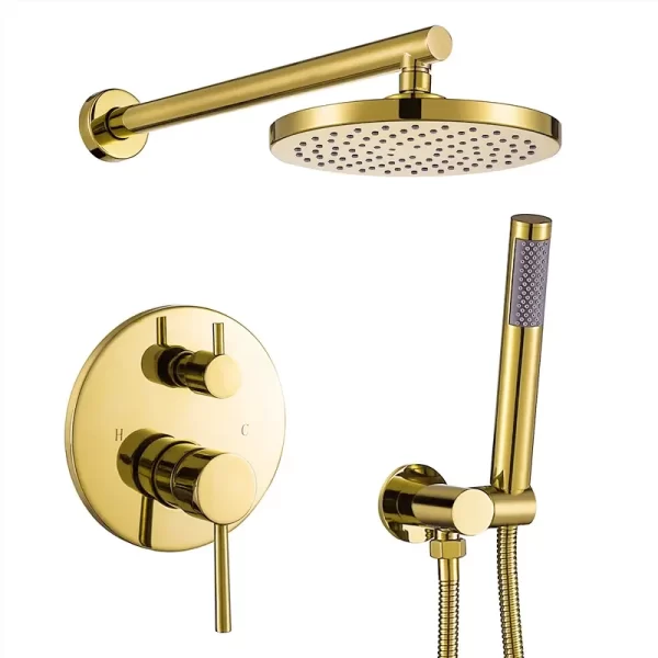 Gold Finish 8 Inch Rain Shower Head System with Handheld Shower