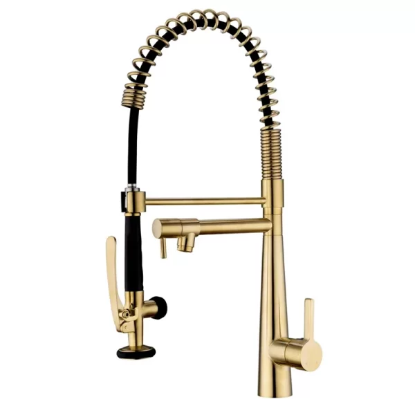 Brushed Gold Single Handle Brass Kitchen Faucet with Pull Down Sprayer and Pot Filler