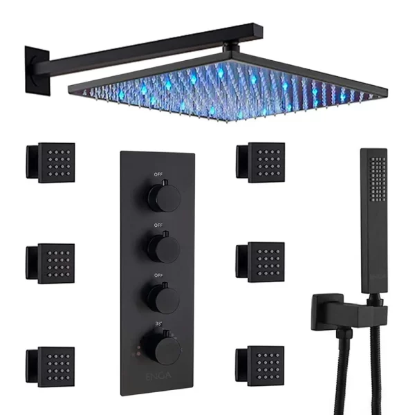 12" Matte Black Brass Rainfall Shower Head System with 6 Body Jets