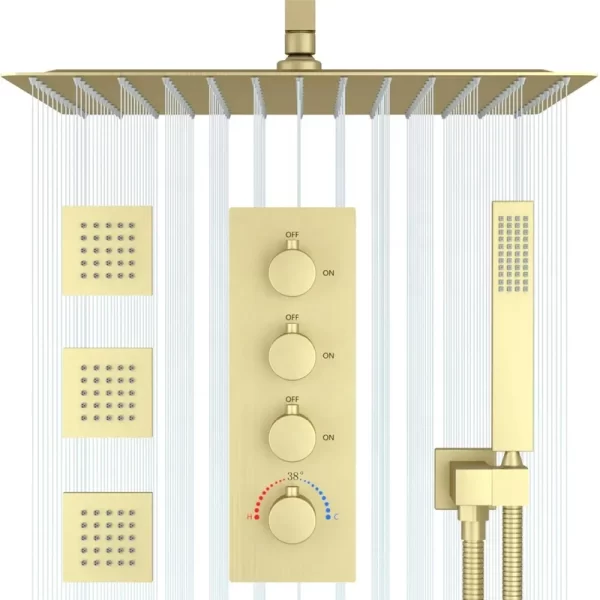 Brushed Gold 16-Inch Thermostatic Ceiling Rain Shower System